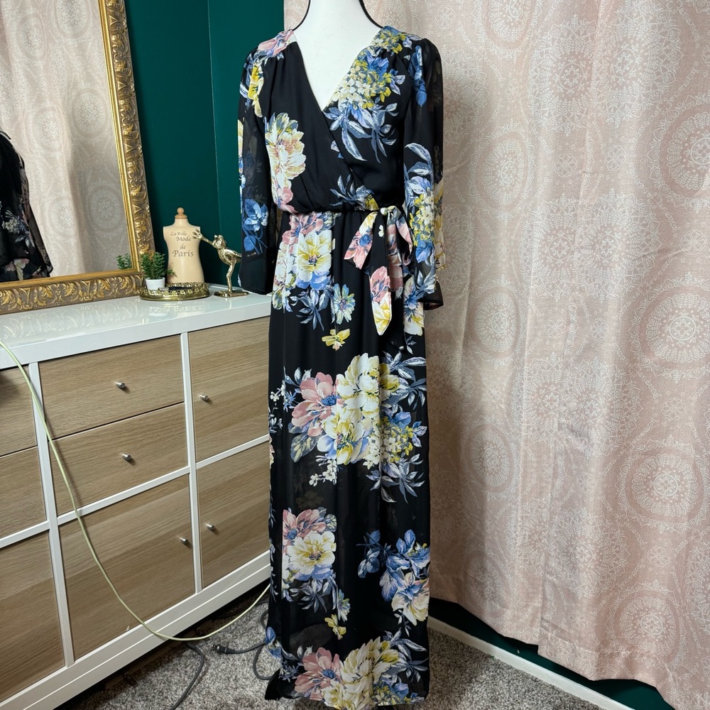 Bailey Blue Floral Long Sleeve Dress - Black and Multicolor - Butterfly Sleeves